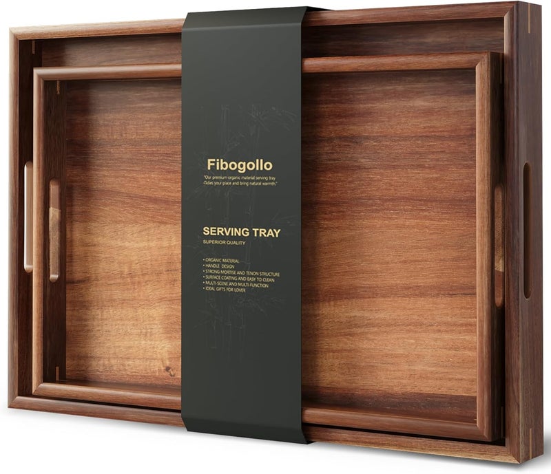 Fibogollo Set of 2 Acacia Wood Serving Tray with Handles,Decorative Trays Platter,Breakfast Tray in Bed,Food Drinks Tray for Eating,Working,Storing(Brown) - Image 1